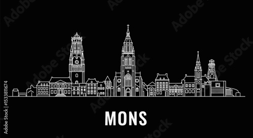 Mons Belgium Skyline with Minimalist Line Art.