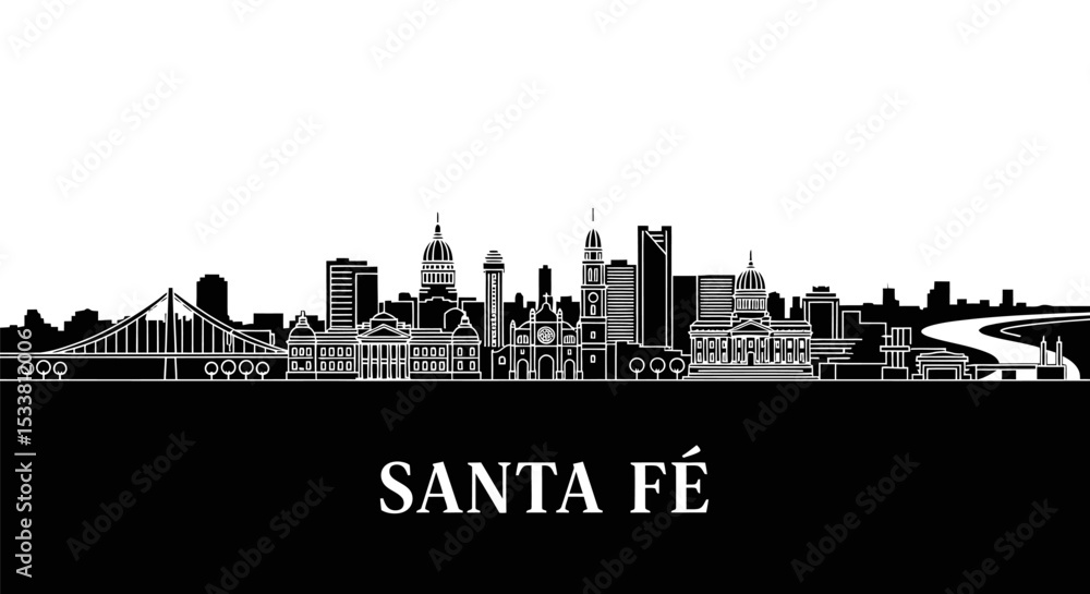 Fototapeta premium Santa Fe Skyline Black and White Illustration.