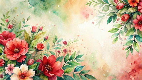 Watercolor Floral Arrangement with Red and White Blossoms and Lush Greenery on a Soft, Textured Background
