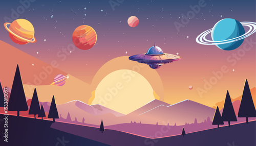 A cosmic landscape with stars, planets and a starship