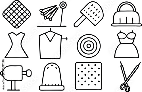 Minimalist hand drawn illustrations of sewing tools fashion accessories and related objects
