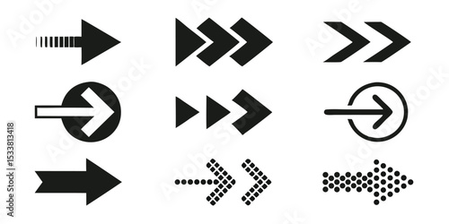 Collection of nine black arrows pointing to the right with different styles and designs on a white background