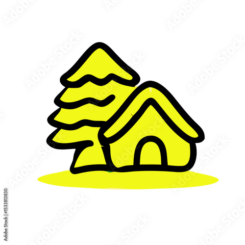 Vector icon yellow house with Christmas tree