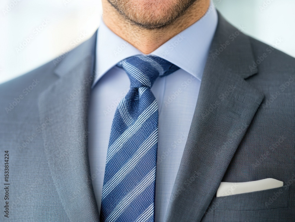Close-up view of a man's necktie and suit jacket, showcasing a sophisticated and professional style. The tie is navy blue with subtle light blue stripes Close-up view of a man's necktie and suit jacket, showcasing a sophisticated and professional style. The tie is navy blue with subtle light blue stripes
