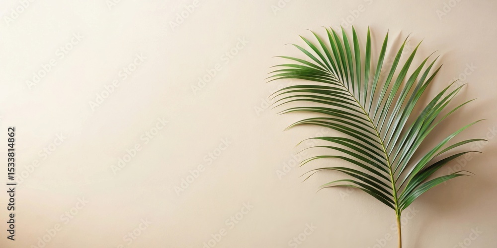Obraz premium Single palm frond on beige background, simple tropical leaf design element for website or print