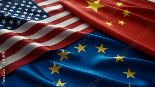 A close-up photograph of three national flags overlapping each other.