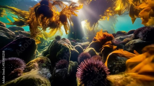 Underwater kelp forest with sunbeams, rocks, and sea urchins in a vibrant, shallow marine environment teeming with life, providing a unique ecosystem