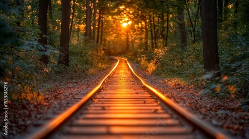Sun-drenched railway tracks disappear into a forest at sunset, bathed in warm golden light, leaves scattered on the ground