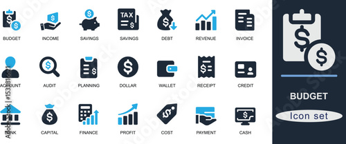 Solid budget icon set featuring finance, expense, savings, tax, income, and planning symbols. Ideal for business, accounting, and UI design projects