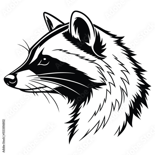 Raccoon head profile showcases distinctive black mask and furry texture in bold black vector
