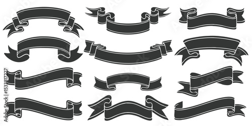 Collection of twelve black banner ribbons with various shapes and decorative tails for design elements