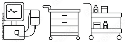 Hospital equipment trolley monitor supply cart medicine drawer outline icon vector illustration for clinical healthcare emergency patient care system.