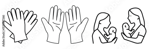 Protective gloves hand hygiene and mother baby care line icon set in medical safety vector illustration for hospital health design.