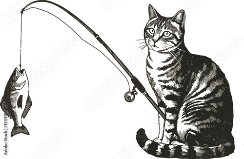 Tabby cat with fishing rod and caught fish