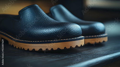 Closeup Product Photo of Stylish Black Leather Clogs with Tan Soles