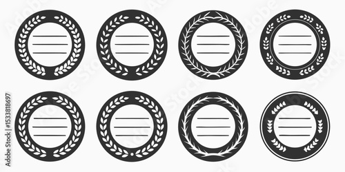 Collection of eight circular laurel wreath designs with three horizontal lines in the center space for text