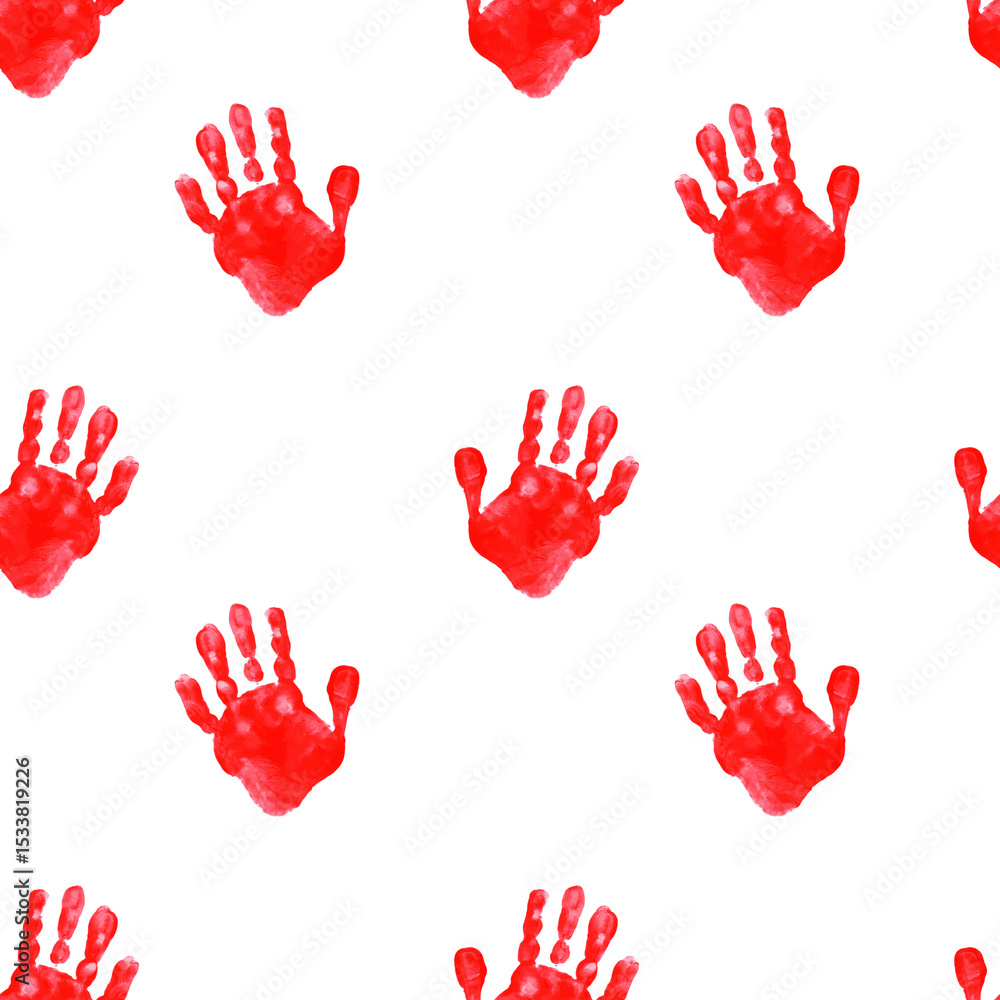 Seamless pattern of red children's handprints. Colorful illustration of chilren's palms on white backgound. Seamless pattern of red children's handprints. Colorful illustration of chilren's palms on white backgound.