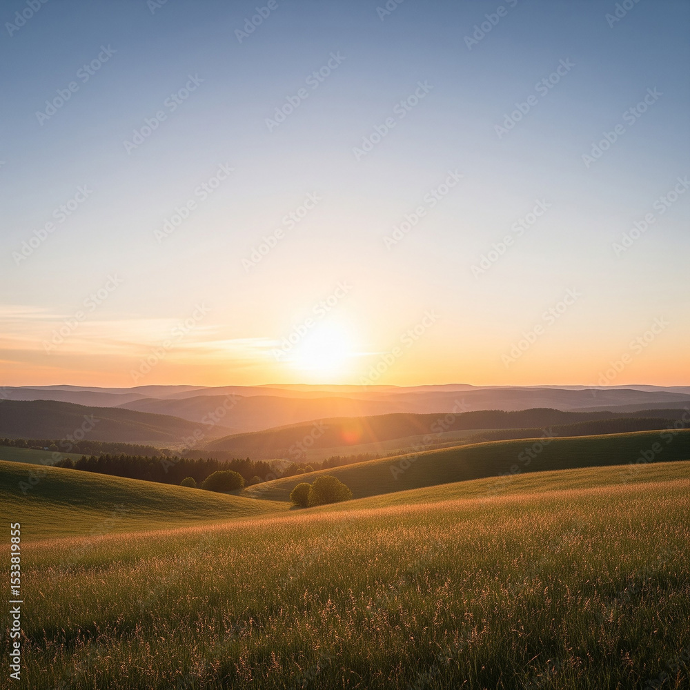 Fototapeta premium Sunset over rolling hills and grassy field landscape isolated on white background isolated on transparent background