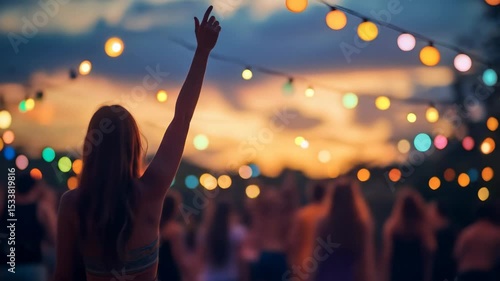 Woman with raised arm dancing at outdoor festival with string lights. Cheerful crowd celebrating music concert at sunset. Footage.