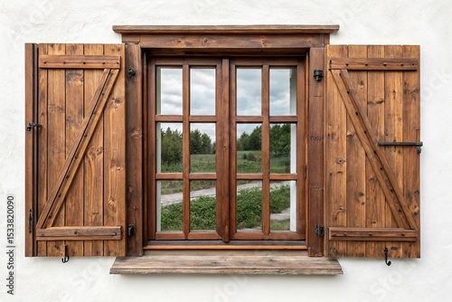 Une fenêtre en bois brun rustique avec des volets légèrement ouverts montrant plusieurs vitres idéales pour les projets de rénovation de la maison ou l'inspiration de conception on white background