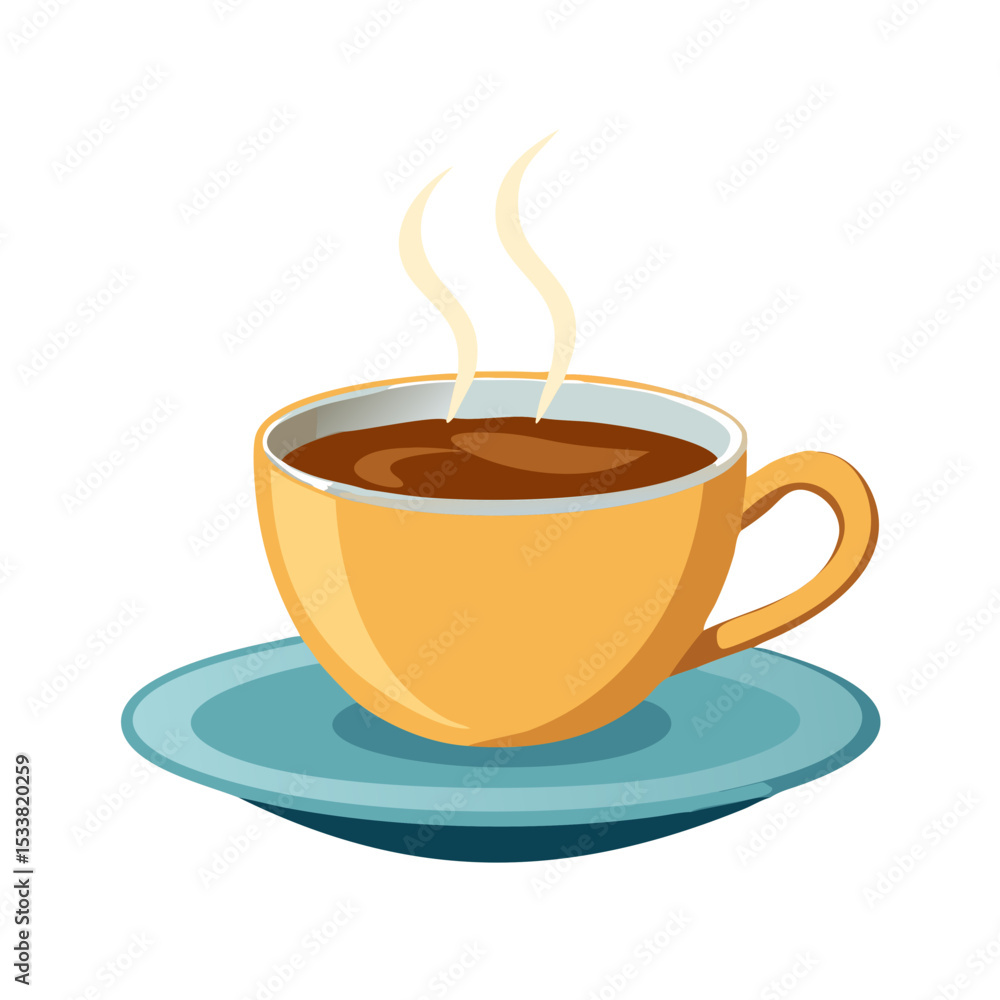 Obraz premium Vector illustration of a steaming coffee cup with saucer, isolated on white background