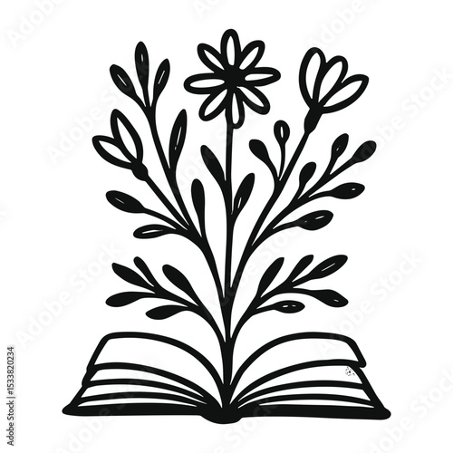 Handdrawn Black and White Floral Bouquet Growing from Open Book Illustration