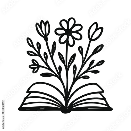 Handdrawn Outline Open Book with Blooming Flower Bouquet Education Illustration