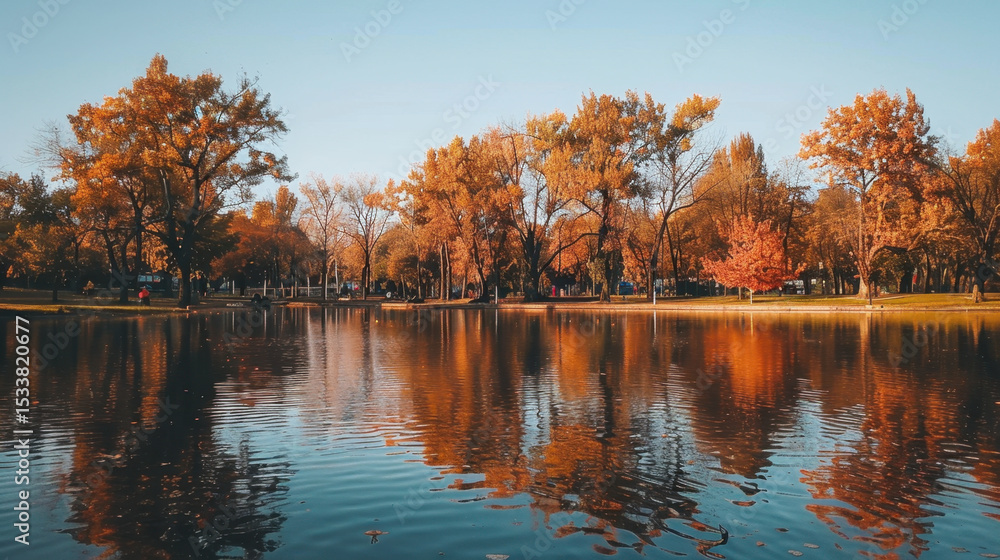 Naklejka premium Autumn trees lining serene lake with mirrorlike water reflecting vibrant orange and yellow foliage creates peaceful and picturesque scene