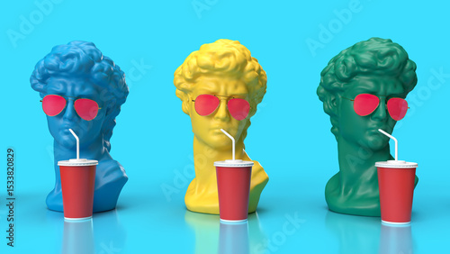 Three colorful pop art busts of David (blue, yellow, green) sporting red heart-shaped sunglasses and red soda cups with straws. A whimsical and contemporary art piece.