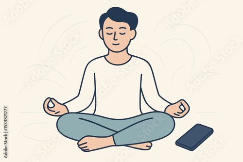 Man meditating with phone aside focusing on breathing and mental health clarity