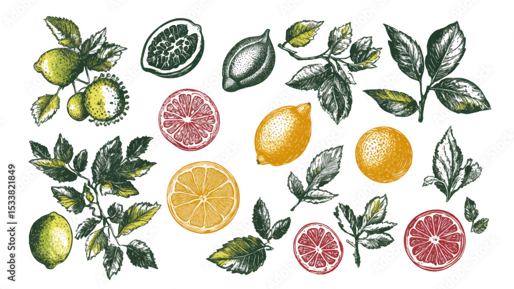 Tropical leaves and tropical fruits element vector on transparent background, design linocut style illustration Tropical leaves and tropical fruits element vector on transparent background, design linocut style illustration