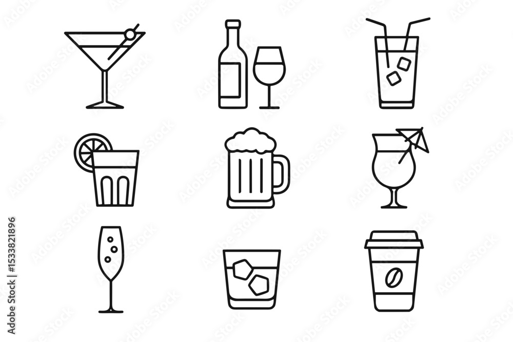 Ícones minimalistas de bebidas alcoólicas e não alcoólicas — linha preta, estilo moderno