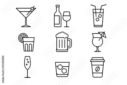 Ícones minimalistas de bebidas alcoólicas e não alcoólicas — linha preta, estilo moderno