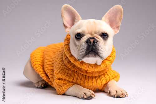 A cute French bulldog lies comfortably, showcasing its soft orange sweater while enjoying a quiet indoor moment