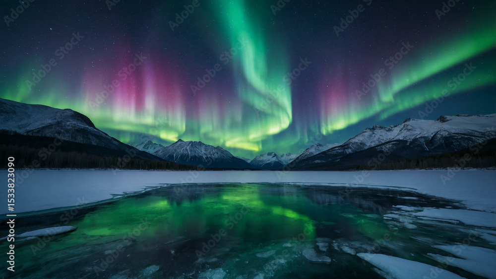 Naklejka premium Aurora Borealis Over Frozen Lake and Snowy Mountains in Winter Night
