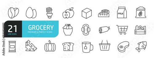 Set of line icons related to grocery, food, supermarket, shop. Outline icons collection. Editable stroke. Vector illustration