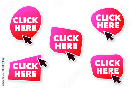 set of color stickers click here with a black arrow on a transparent