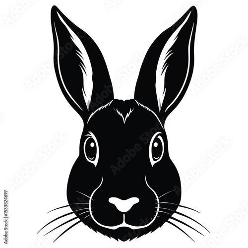 Isolated black rabbit face stares forward with pointed ears and delicate whiskers shown