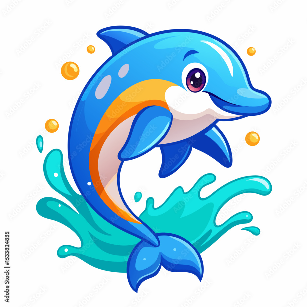 Obraz premium Cartoon dolphin illustration jumping out of water ocean aquatic mammal art