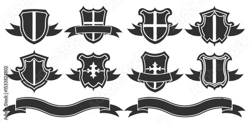 Collection of heraldic shields with banners featuring various designs and decorative elements in black and white