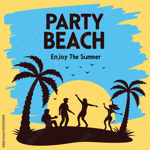 Silhouette of people enjoying a beach party at sunset