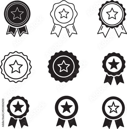 Award icon, ribbon seal, black and white, minimalist design, star symbol, achievement badge, simple graphic, bold contrast, circular emblem, recognition symbol, clean lines, monochrome illustration, s