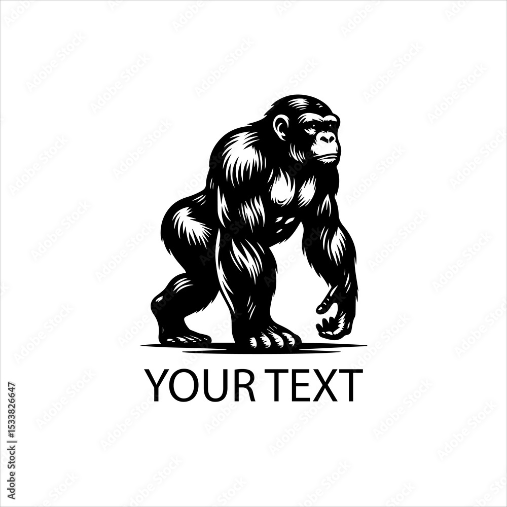 Obraz premium Vector logo of full body chimpanzee in bold black line art, walking pose, wild animal design, isolated on white background