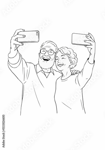 Elderly couple taking a selfie together with smartphones at home  