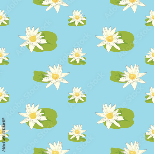 Pristine white water lily (Nymphaea) with a sunny yellow center, gracefully blooming among lush green lily pads on tranquil water.