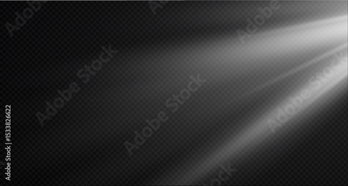 Spotlight on the stage or divine particle rays isolated on a black transparent background. The glow of the rays