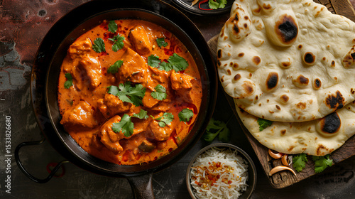 A bowl of chicken tikka masala w slice of naan bread and yogurt on a plate Dipping roti into the bowl of the Indian food Chili Con Carne Soup with Tortilla, Generative AI