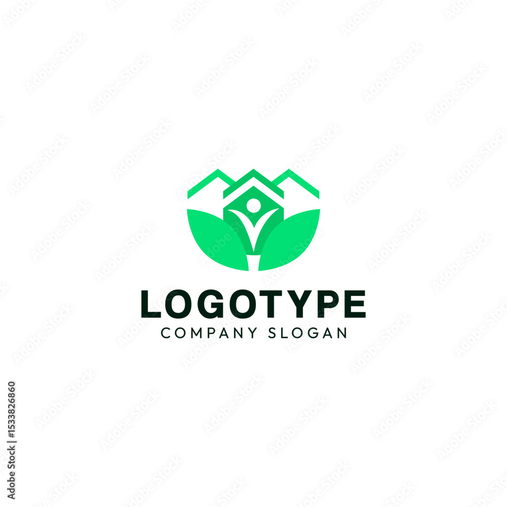 Houses logo with person and leaves. Original modern logo. Houses logo with person and leaves. Original modern logo.