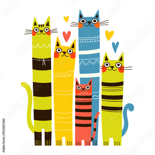 Group of colorful striped cats standing together. Animal family of kittens with hearts. Funny pet illustration in cartoon doodle style for Cat Day, Valentine's Day, cards, cat products.