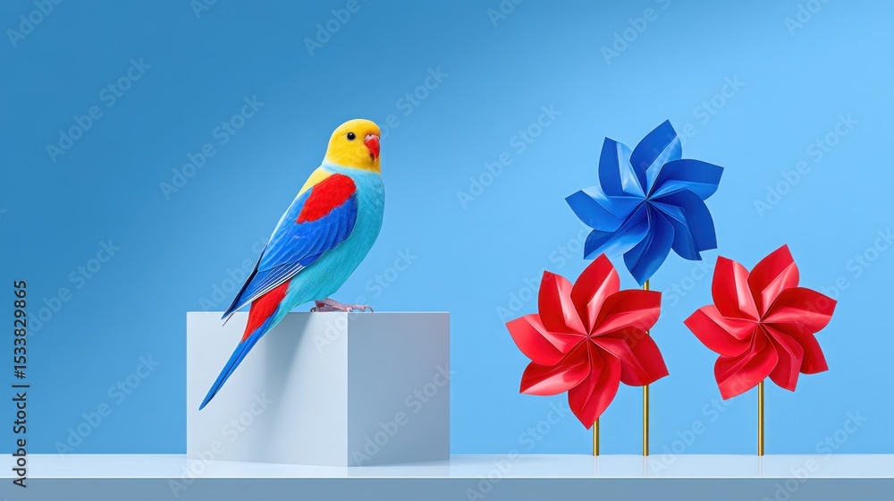 Patriotic Parrot Perched on White Cube Pedestal with Red and Blue Pinwheels in Independence Day Studio Setup Patriotic Parrot Perched on White Cube Pedestal with Red and Blue Pinwheels in Independence Day Studio Setup